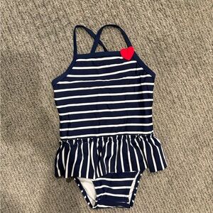 Hanna Andersson Navy & White Striped Ruffle One-Piece Swimsuit